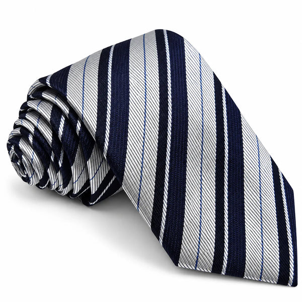 A rolled necktie with a diagonal striped pattern in navy blue, white, and thin light blue lines, shown on a clean white background.