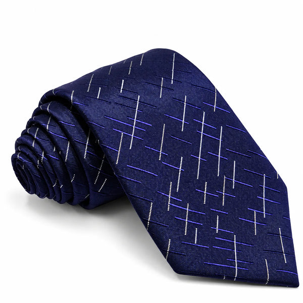 Rolled navy blue necktie featuring an all-over white and blue geometric crosshatch pattern on a white background