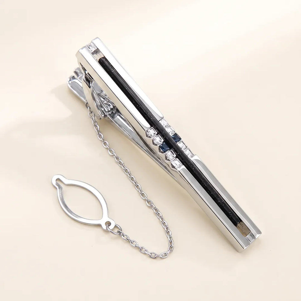 Men's Silver Crystal Tie Clip with Security Chain | Sailor Australia