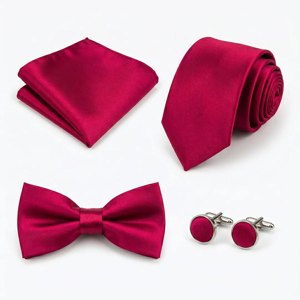 Flat lay of a Sailor Australia burgundy solid 4-piece tie set including a tie, pocket square, bow tie, and cufflinks.