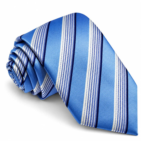 Rolled sky blue necktie featuring crisp white and navy diagonal stripes on a white background