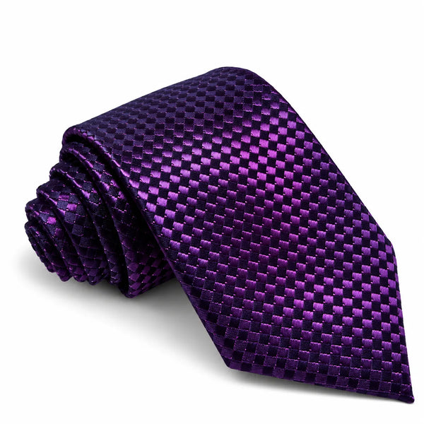 A purple necktie with a textured, woven checkerboard pattern, shown rolled on the left and laid flat on the right against a clean white background.