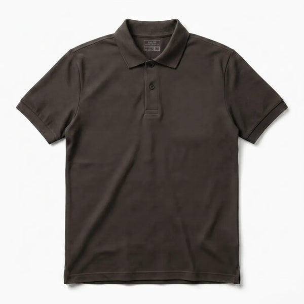 Front flat lay of a classic cinder/charcoal-brown short-sleeve polo shirt with a two-button placket and ribbed collar on a white background.