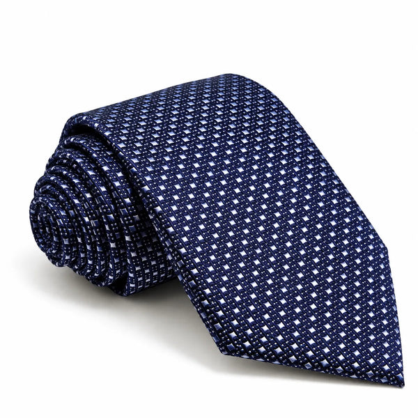 Rolled navy blue necktie featuring an all-over woven micro-diamond pattern on a white background