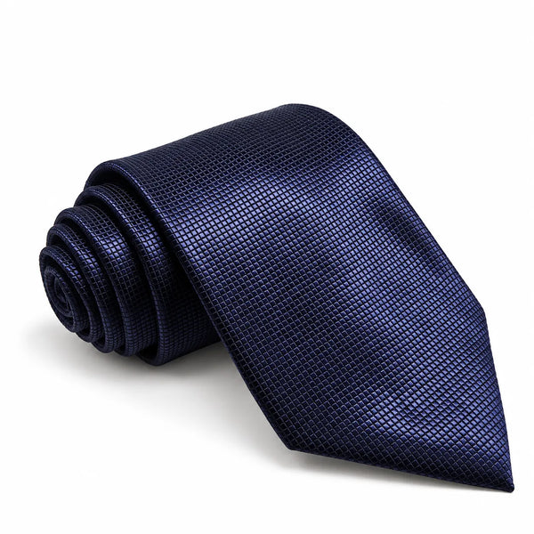 Rolled navy blue necktie featuring an all-over textured micro-grid pattern on a white background