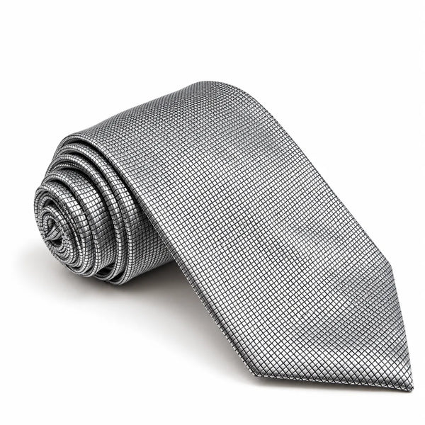 Rolled silver necktie featuring an all-over textured micro-grid pattern on a white background