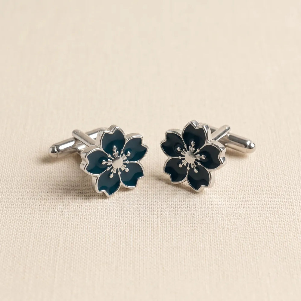 Silver Sakura Cherry Blossom Deep Teal Enamel Cufflinks | Sailor Australia