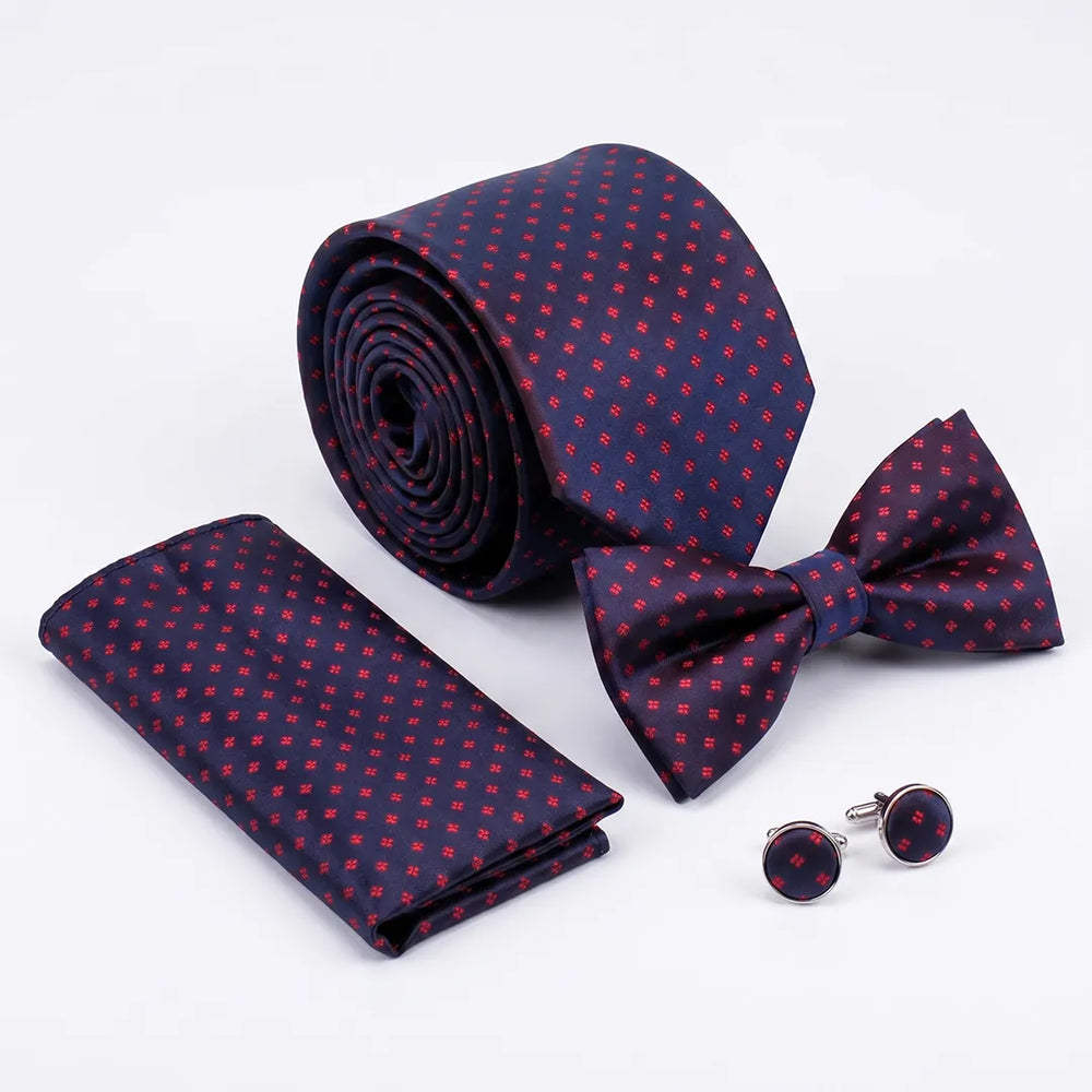 Navy & Red Micro-Cross Tie Set | Wedding & Formal Accessory Set