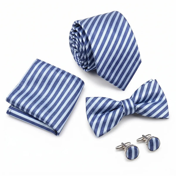Flat lay of a Sailor Australia blue striped 4-piece tie set including a tie, pocket square, bow tie, and cufflinks.