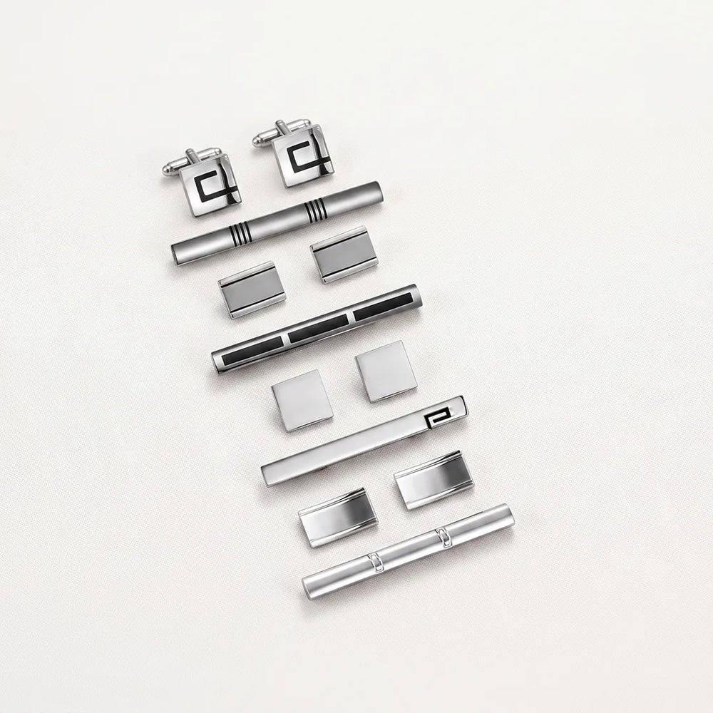 Men's Contemporary Silver Cufflinks and Tie Clip Set with Gift Box | Sailor Australia