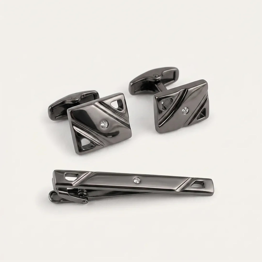 Men's Gunmetal Geometric Cufflinks and Tie Clip Set with Gift Box | Sailor Australia