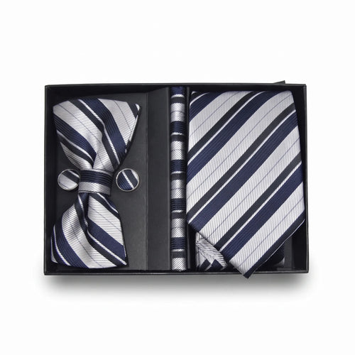 White, Navy & Black Stripe Tie Set | Wedding & Formal Accessory Set