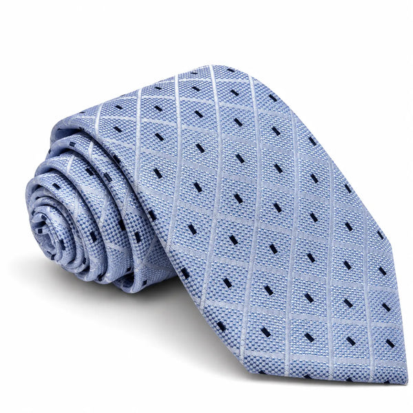 Rolled ice blue necktie featuring an intersecting white diamond grid and navy dash pattern on a white background