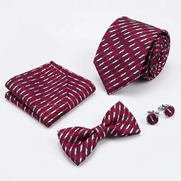 Flat lay of a Sailor Australia burgundy and white stripe 4-piece tie set including a tie, pocket square, bow tie, and cufflinks.