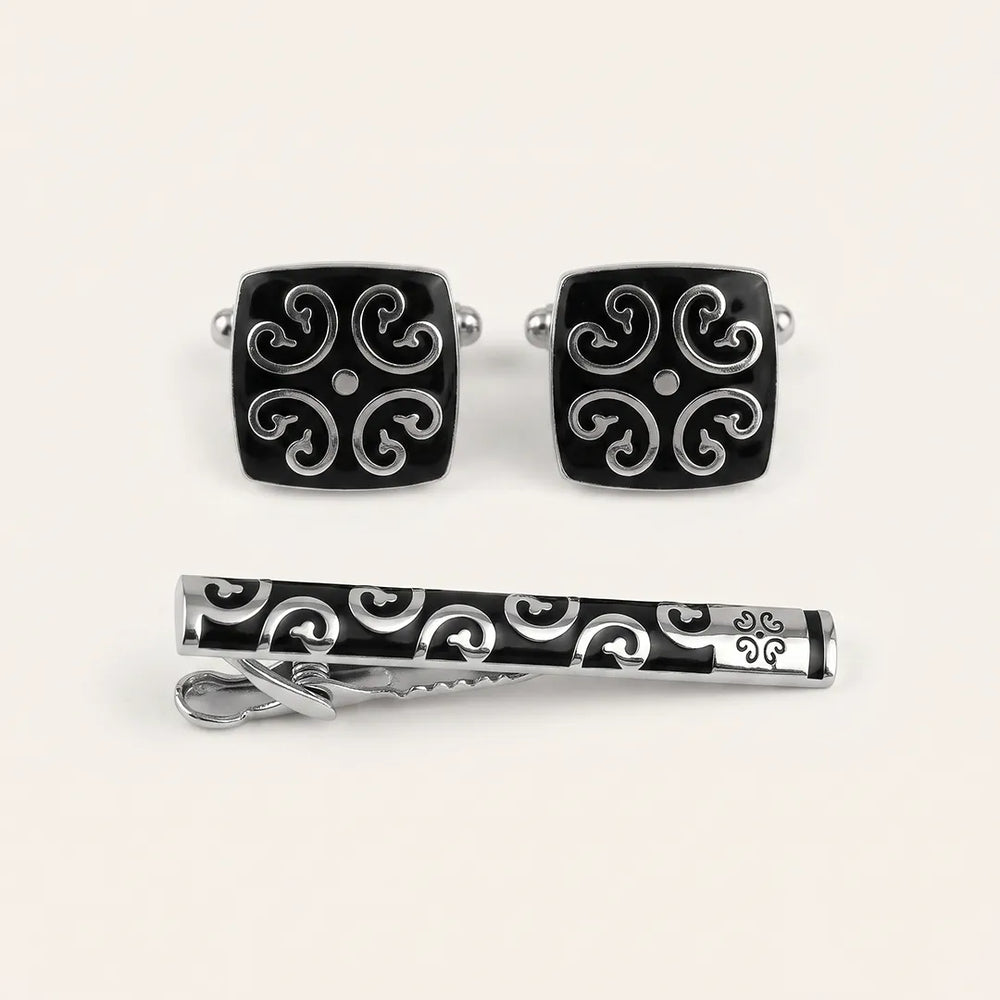 Men's Silver and Black Filigree Cufflinks and Tie Clip Set with Gift Box | Sailor Australia