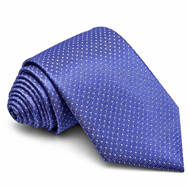 A blue necktie with a small white geometric pattern, shown rolled on the left and laid flat on the right against a white background.