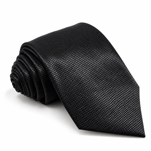 Rolled black necktie featuring an all-over textured micro-grid pattern on a white background