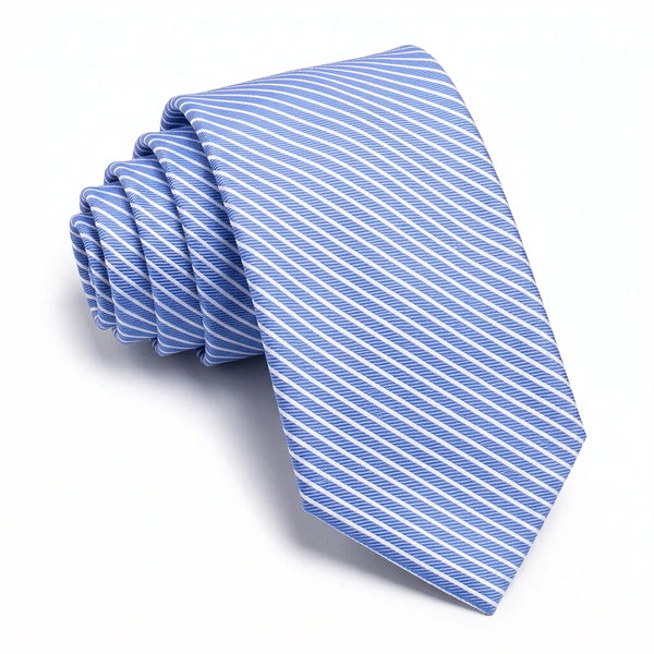 Close-up of a light blue and white diagonal striped necktie on a smooth polyester fabric.