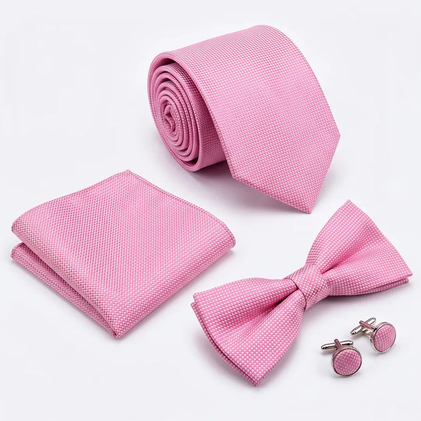 Flat lay of a Sailor Australia pink textured 4-piece tie set including a tie, pocket square, bow tie, and cufflinks.
