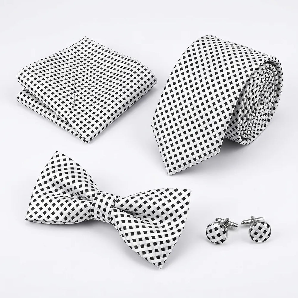 White & Black Micro-Check Tie Set | Wedding & Formal Accessory Set