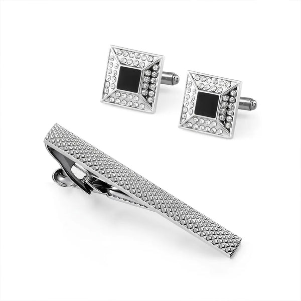 Silver & Black Cufflink & Tie Clip Set | Wedding & Formal Accessory