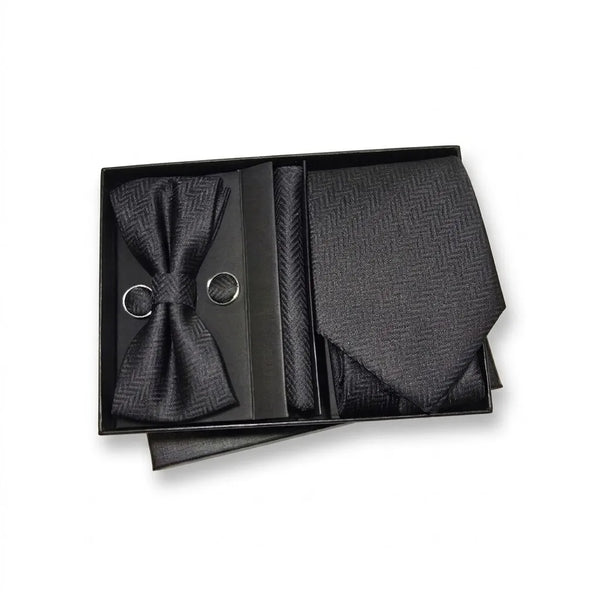 Black Herringbone Tie Set | Wedding & Formal Accessory Set