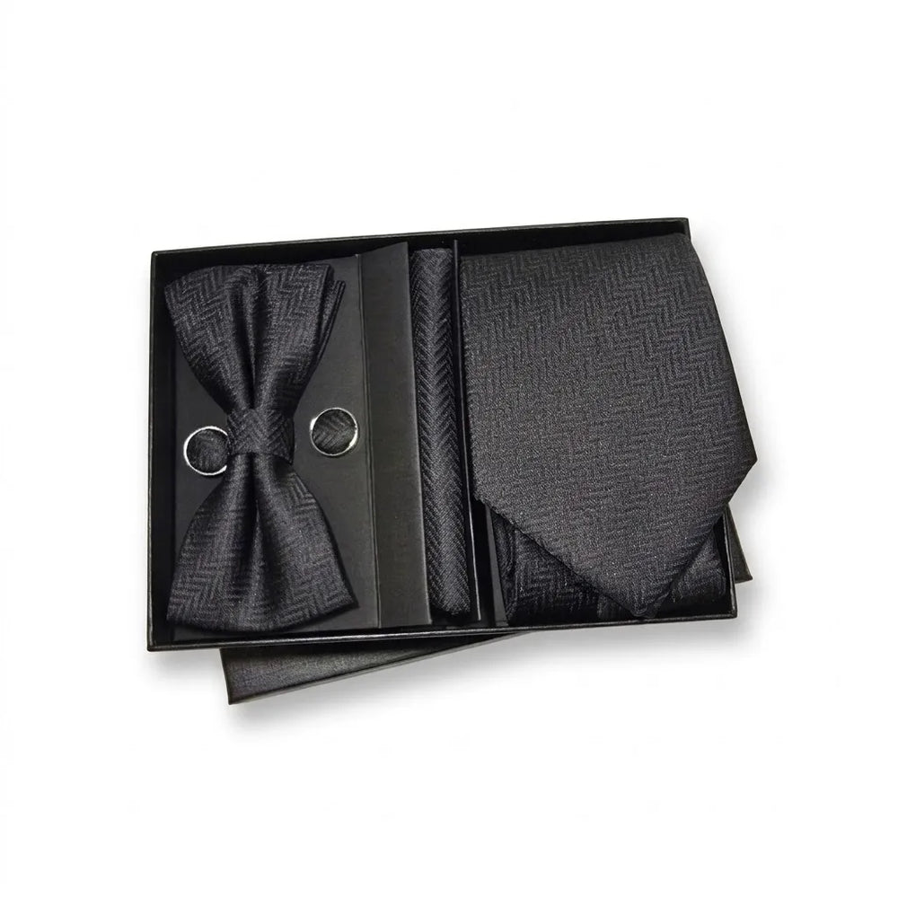 Black Herringbone Tie Set | Wedding & Formal Accessory Set