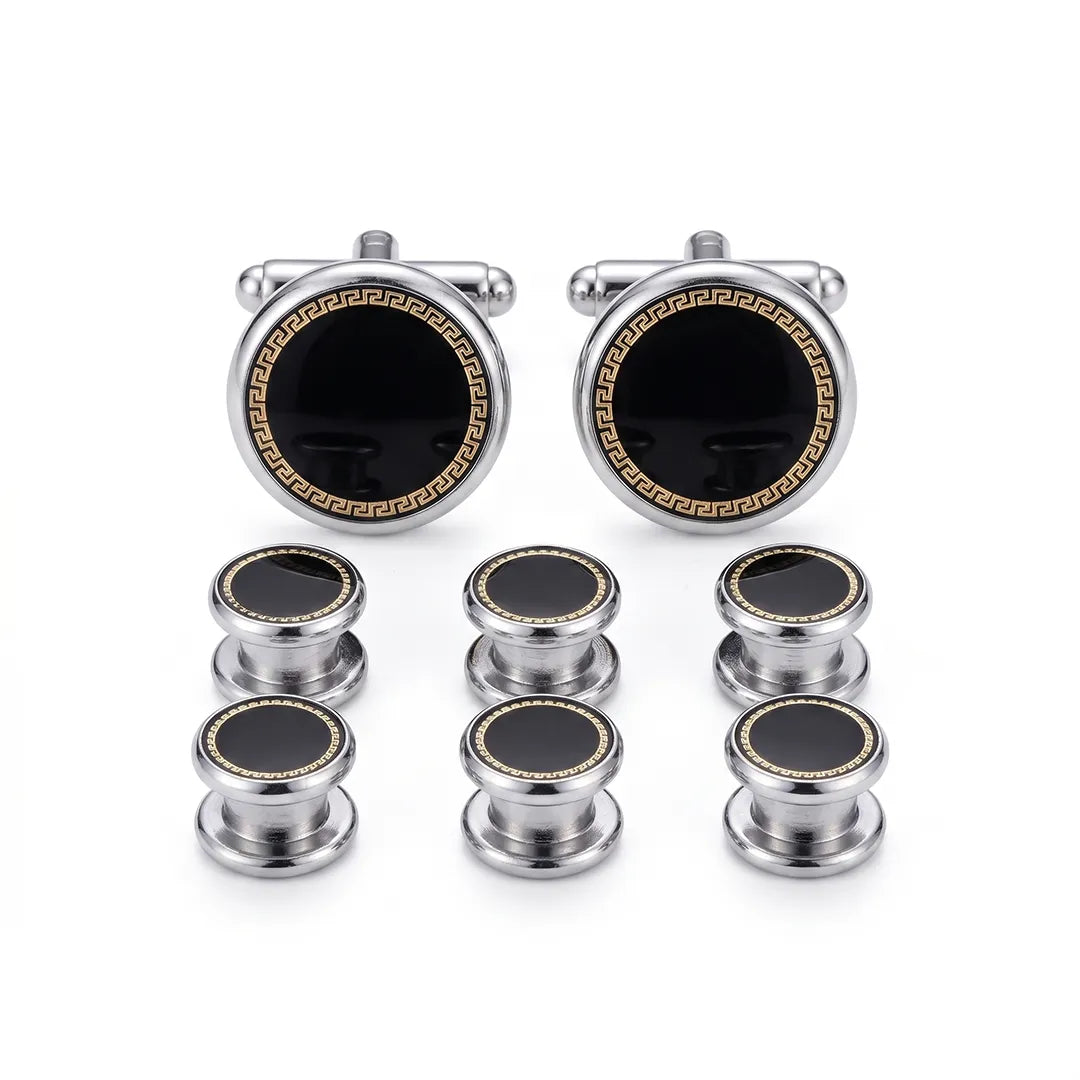 Close-up of a Sailor Australia 8-piece set featuring 2 round silver-tone cufflinks and 6 shirt studs with a deep black enamel center and gold-tone Greek key border.