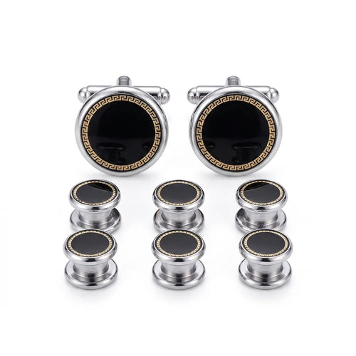 Close-up of a Sailor Australia 8-piece set featuring 2 round silver-tone cufflinks and 6 shirt studs with a deep black enamel center and gold-tone Greek key border.