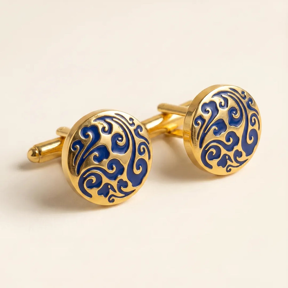 Gold Royal Blue Enamel Arabesque Swirl Round Cufflinks | Sailor Australia
