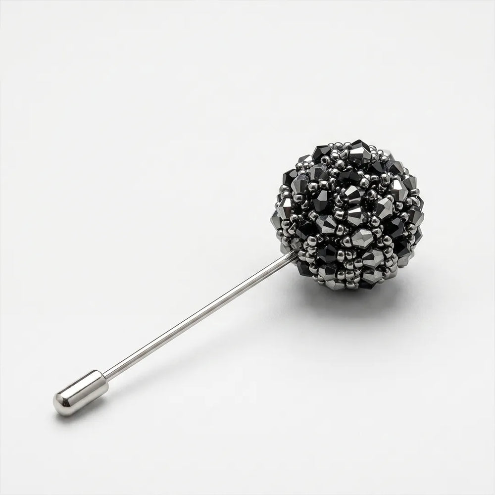 Black & Silver Beaded Lapel Pin | Wedding & Formal Accessory
