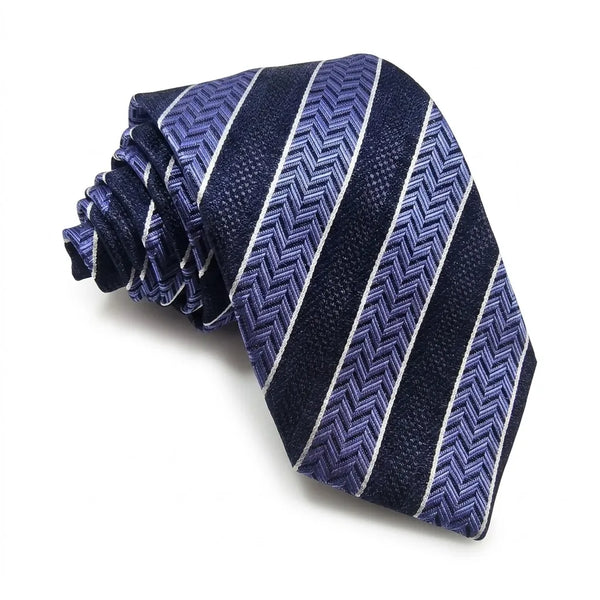 Rolled navy blue necktie featuring textured steel blue herringbone chevron diagonal stripes with white border lines on a white background