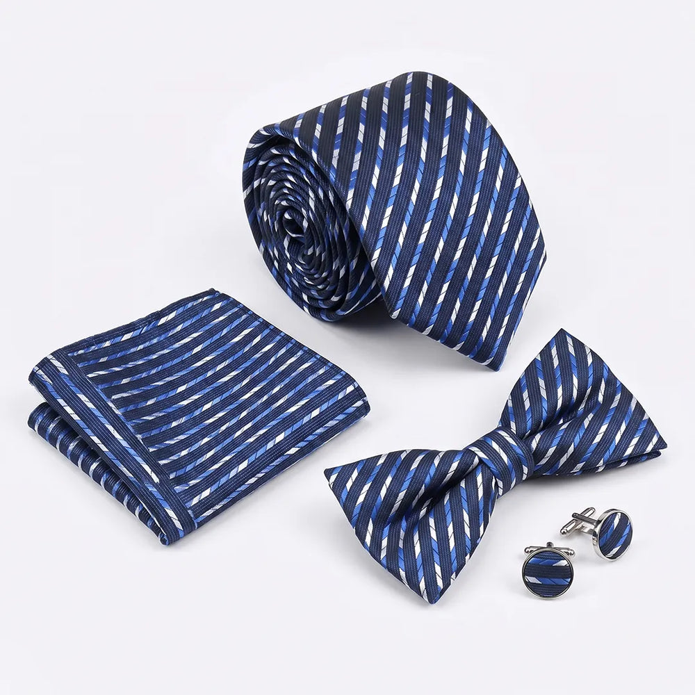 Navy, Blue & White Stripe Tie Set | Wedding & Formal Accessory Set