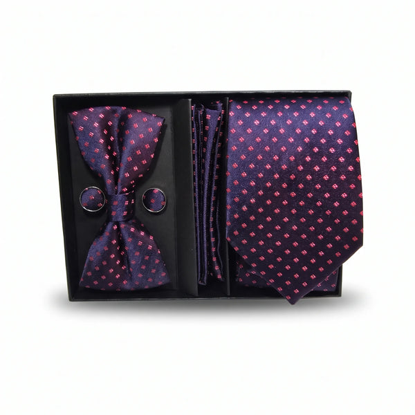 Navy & Red Micro-Cross Tie Set | Wedding & Formal Accessory Set