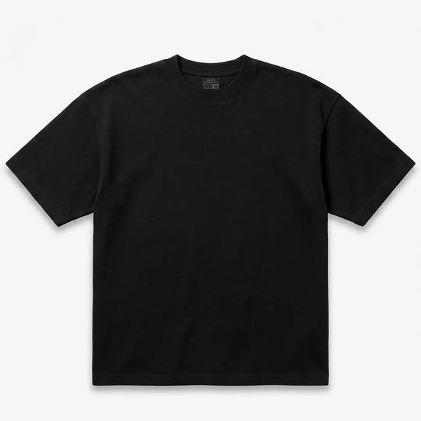 Front flat lay of a classic black short-sleeve drop shoulder T-shirt with a crew neck on a white background.
