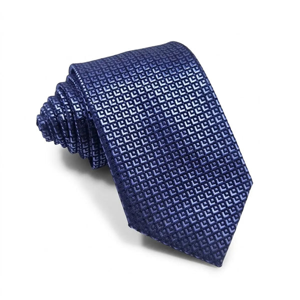A rolled-up navy blue necktie with a textured geometric pattern, displayed on a clean white background.