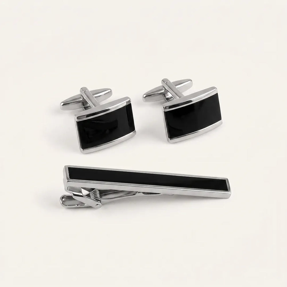Men's Silver and Black Enamel Cufflinks and Tie Clip Set with Gift Box | Sailor Australia