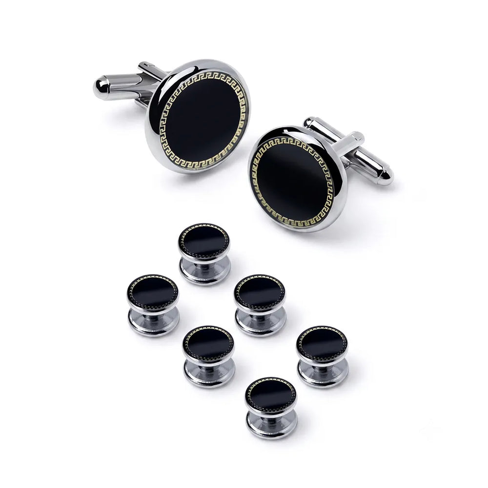 Black Enamel Greek Key Shirt Stud & Cufflink Set | Wedding & Formal Accessory