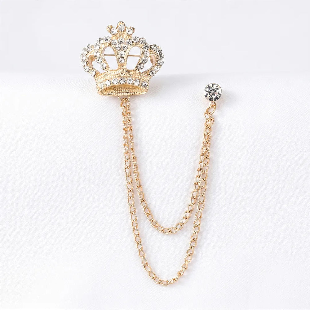Gold Crown Crystal Lapel Pin with Chain | Formal & Wedding Accessory