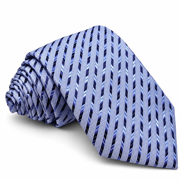 A rolled necktie with a diagonal striped pattern in shades of blue, navy, and light lavender, displayed on a clean white background.