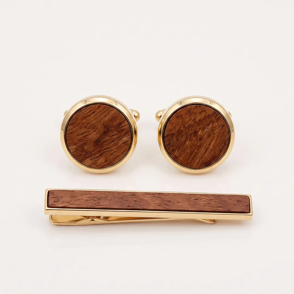 Gold & Wood Cufflink & Tie Clip Set | Wedding & Formal Accessory