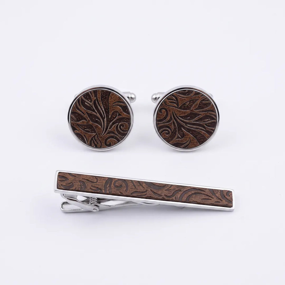 Sailor Australia Silver & Engraved Wood Cufflink & Tie Clip Set