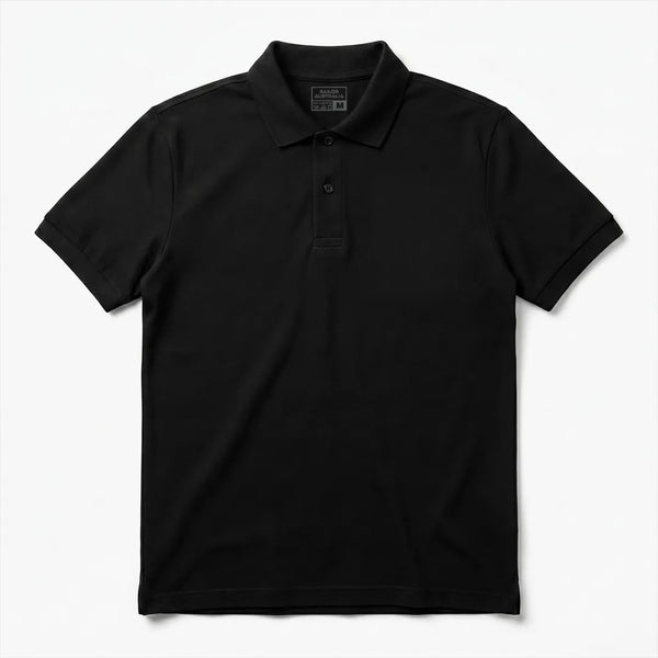 Front flat lay of a classic black short-sleeve polo shirt with a two-button placket and ribbed collar on a white background.