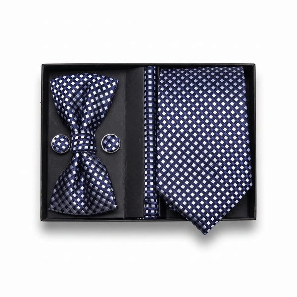 Navy Geo-Grid Tie Set | Wedding & Formal Accessory Set