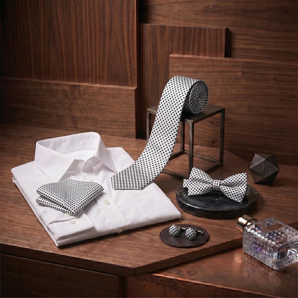 White & Black Micro-Check Tie Set | Wedding & Formal Accessory Set