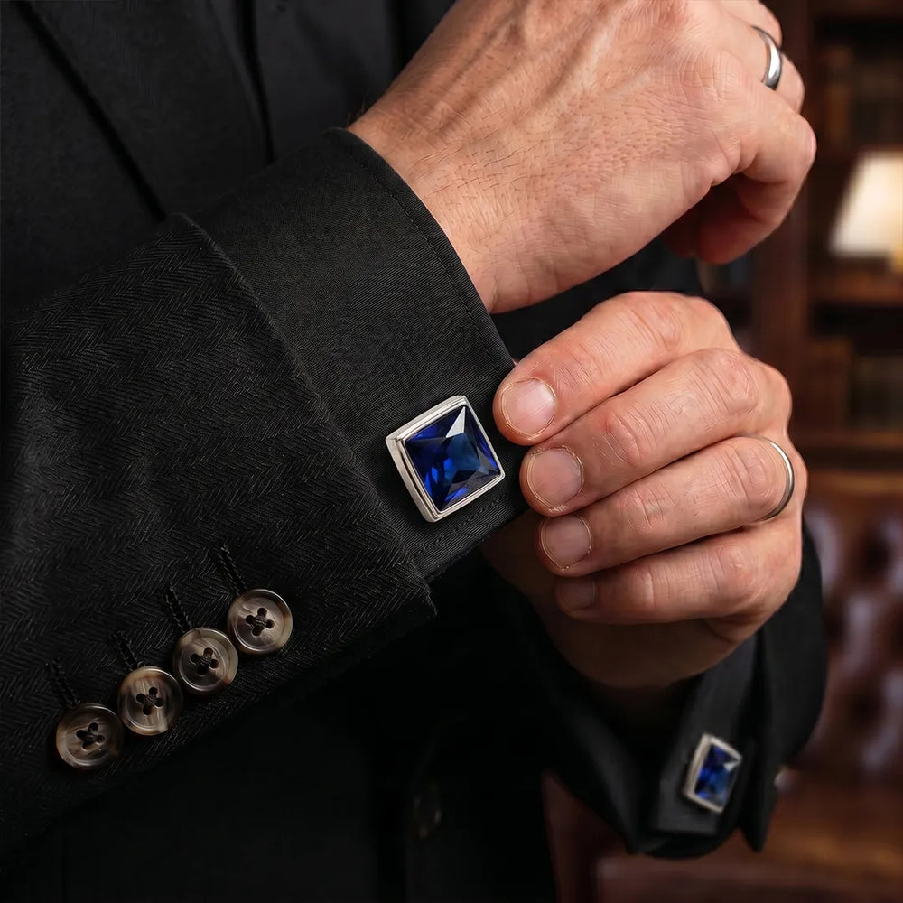 Silver Faceted Sapphire Blue Crystal Square Cufflinks | Sailor Australia