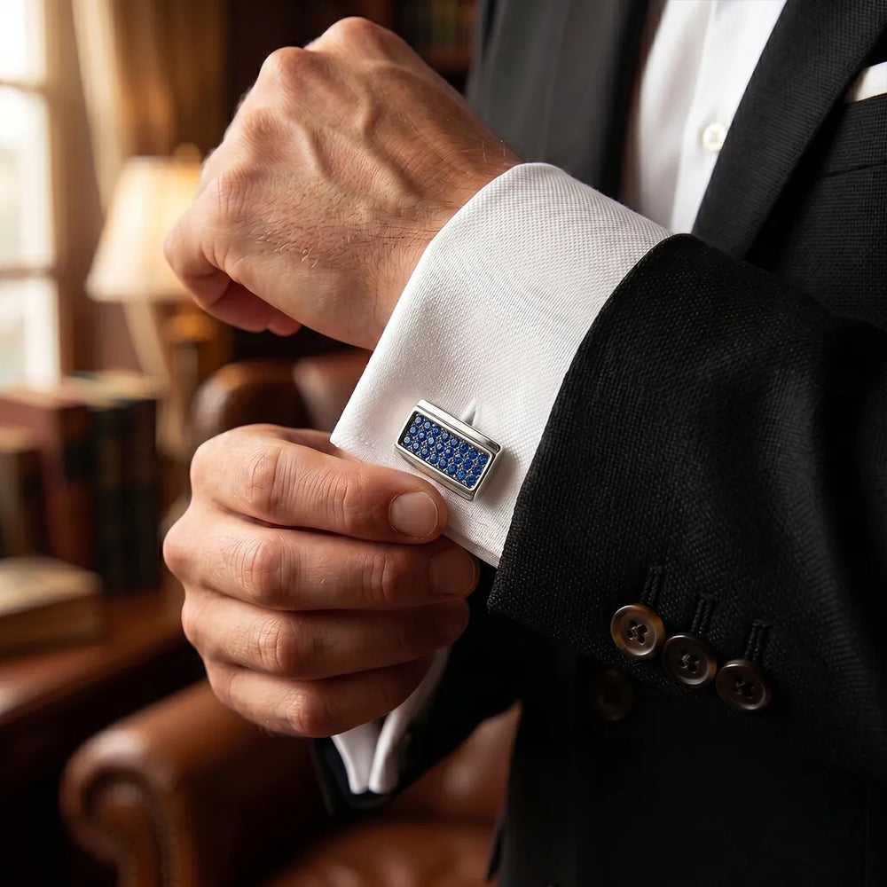 Silver Sapphire Blue Pavé Crystal Rectangular Cufflinks | Sailor Australia