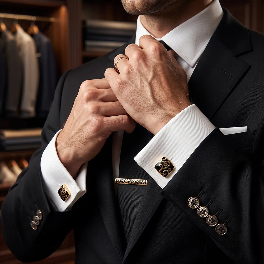 Men's Gold and Black Filigree Cufflinks and Tie Clip Set with Gift Box | Sailor Australia