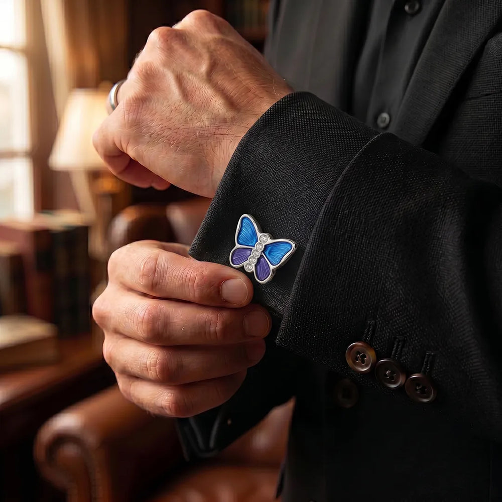 Silver & Blue Enamel Crystal Butterfly Cufflinks | Sailor Australia