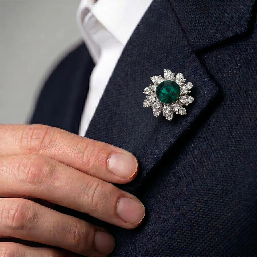 Silver & Emerald Crystal Flower Lapel Pin | Formal & Wedding Accessory